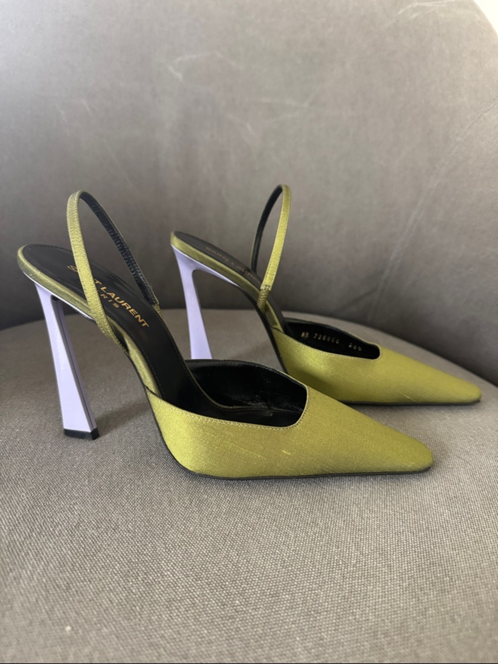 Saint Laurent Olive Slingback Pointed Pumps with Lilac Block Heels